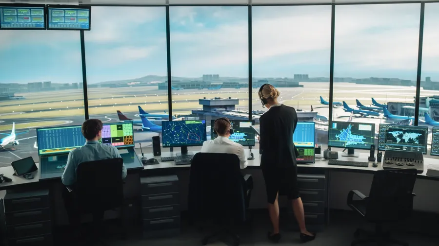 Diverse Air Traffic Control Team Working in a Modern Airport Tower. Office Room is Full of Desktop Computer Displays with Navigation Screens, Airplane Departure and Arrival Data for Controllers.
