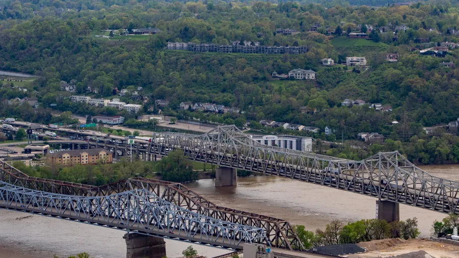 Cincinnati, Ohio / USA - April 23, 2019: View C&O Railroad Bridge, Clay Wade Bailey Bridge and Brent Spence Bridge