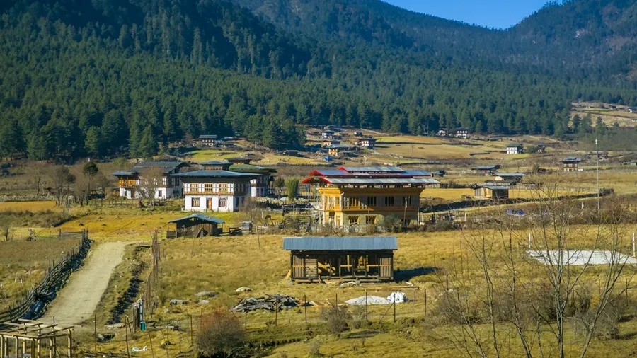 Scenic Phobjikha Valley landscape with traditional Bhutanese houses scattered across golden fields surrounded by dense forested mountains in central Bhutan