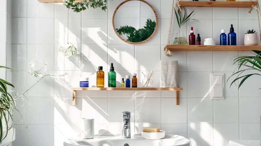 A bathroom interior with a sink, plants, mirror, and wooden floating shelves with accessories.