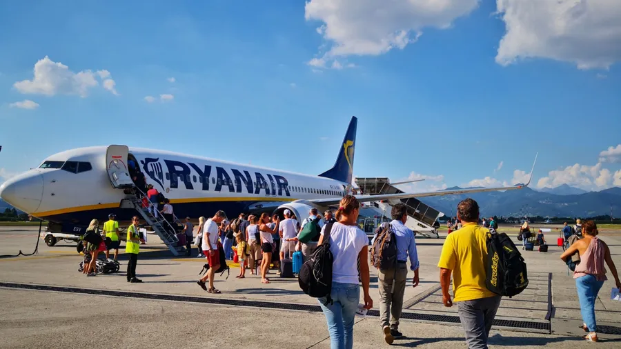 Bergamo, Italy - July 30, 2019: Passengers boarding Ryanair flight at Orio al Serio International Airport.