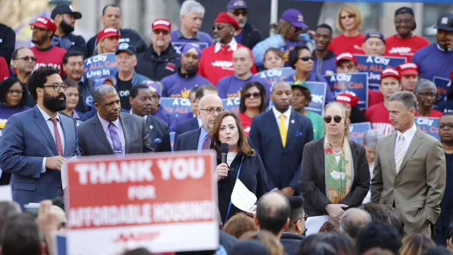 NEW YORK CITY - MARCH 23 2016: Mayor de Blasio, Chirlane McCray, Melissa Mark-Viverito & HUD director Julian Castro highlighted a rally in Foley Square. Beth Finkel, NY director AARP
