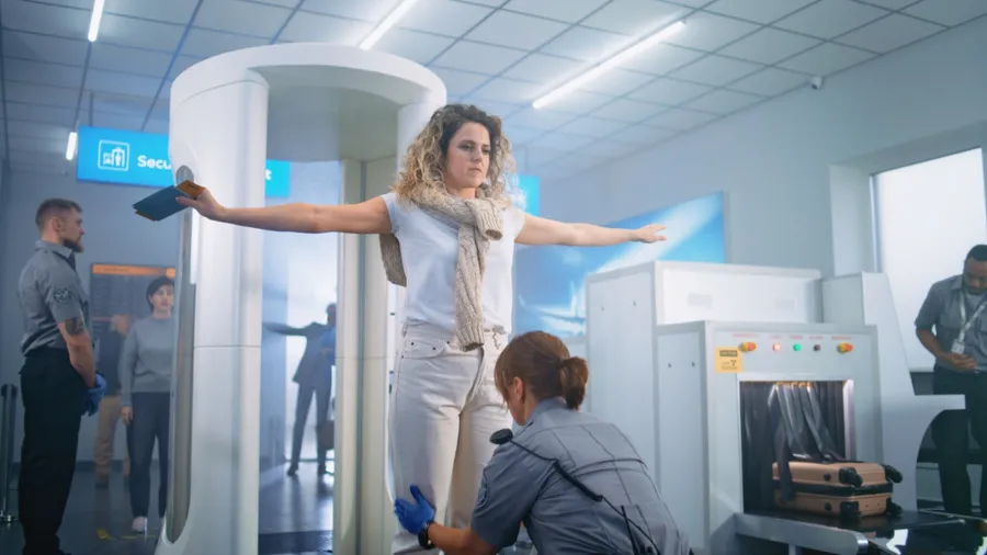 Airport Terminal: Woman Passes Through Metal Detector Scanner Gates on Security Checkpoint. Female Security Officer Checks Passenger, Ticket for Boarding Plane Flight. Diverse Travelers Going on Trips