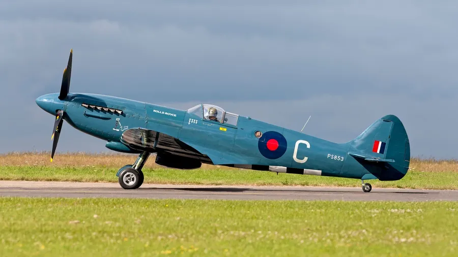 Kemble, Gloucestershire, UK - June 21 2009: Ex- Royal Air Force Photo Reconnaissance Supermarine Spitfire Mk XIX (PS853) at the Cotswold Airport RAF Kemble Air Day 2009 in Gloucestershire, England, UK