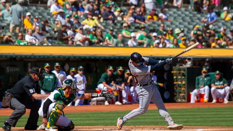 Oakland, California - September 24, 2023: Detroit Tigers first baseman Spencer Torkelson bats against the Oakland Athletics at the Oakland Coliseum.