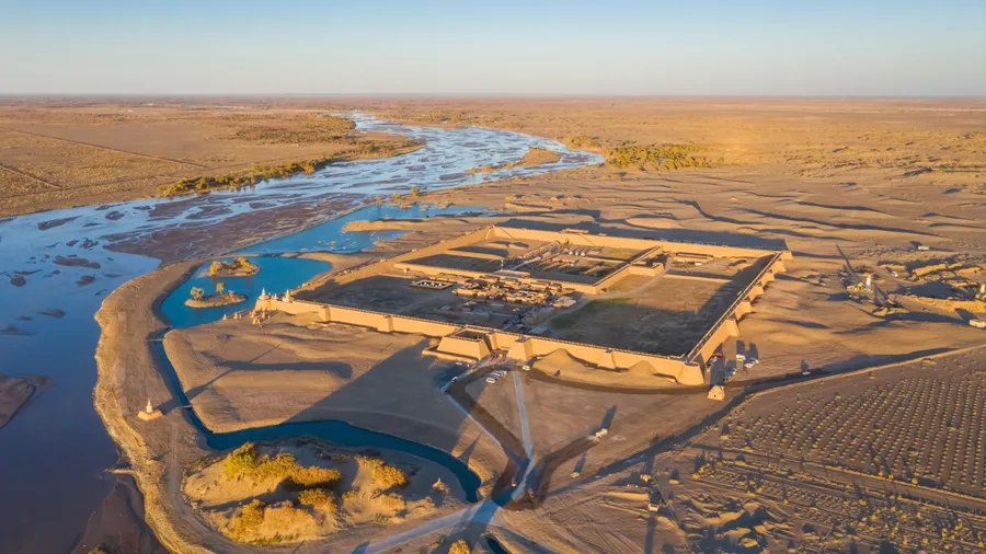 aerial view of the ruins of black water ancient city in sunset, Ejina Banner in Alashan League, Inner Mongolia, China.
