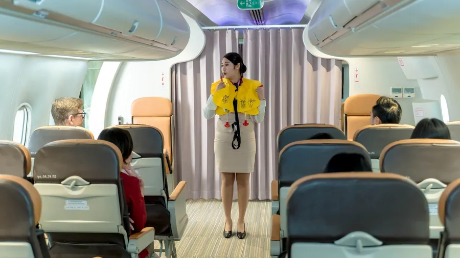 Flight attendant demonstrating life vest inflation to passengers during in-flight safety briefing on a commercial airplane for emergency preparedness awareness