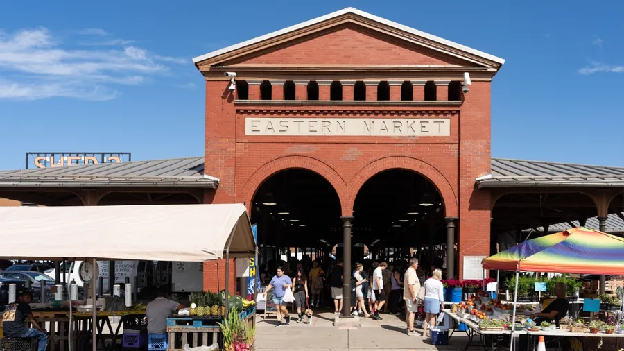 Detroit, Michigan, USA - Aug 31, 2024 : Detroit Eastern Market entrance on Saturday morning, the largest historic public market district in the United States.