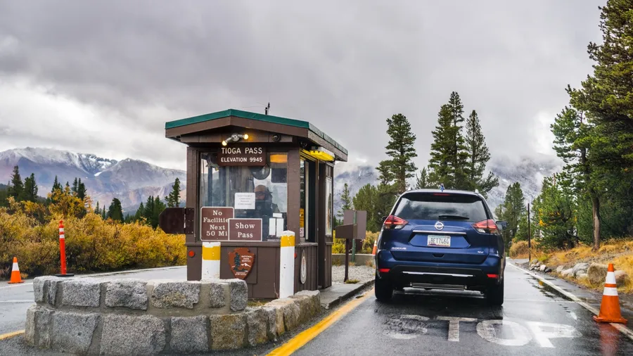 October 2, 2018 Yosemite National Park / CA / USA - Tioga Pass Entrance station situated at 9945 feet, on a rainy day