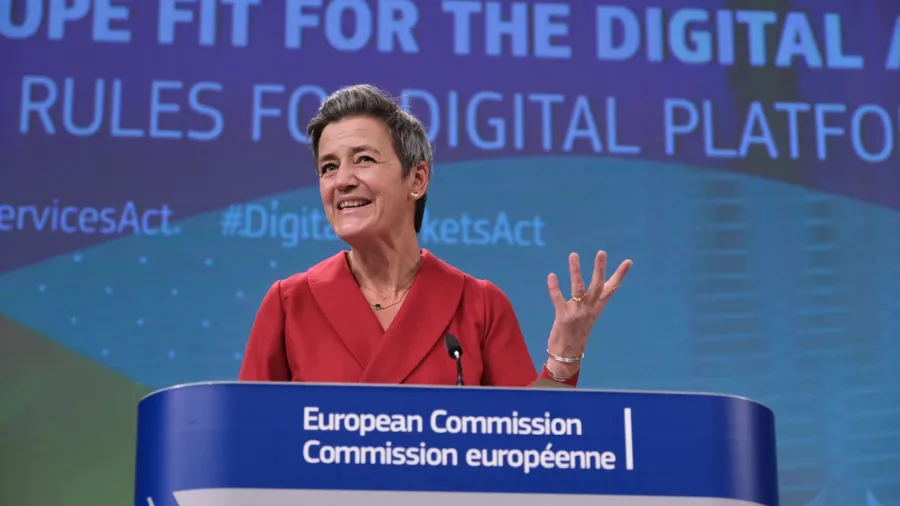 Press conference by Executive Vice-President Margrethe VESTAGER and Commissioner Thierry BRETON, on the Digital Services Act and the Digital Markets Act in Brussels, Belgium on Dec. 15, 2020.
