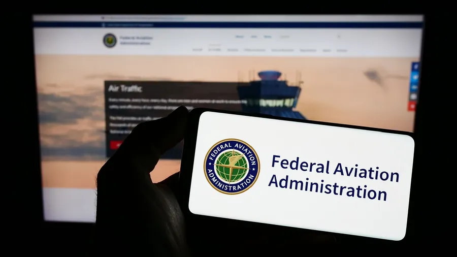 Stuttgart, Germany - 01-24-2023: Person holding mobile phone with seal of American Federal Aviation Administration (FAA) on screen in front of web page. Focus on phone display. Unmodified photo.
