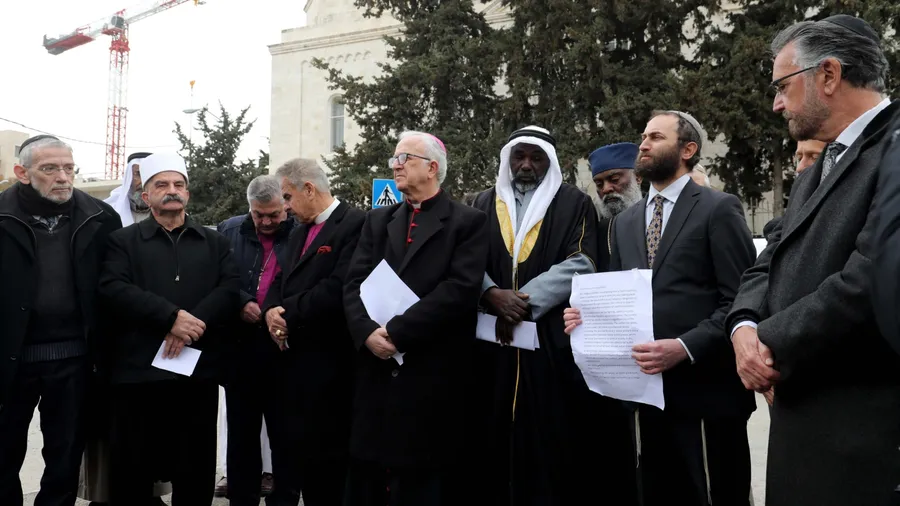 Jewish, Muslim, Christian and Druze religious leaders gather in Jerusalem’s Moscow Square to call for peace in Ukraine- Russia war, on March 21, 2022.