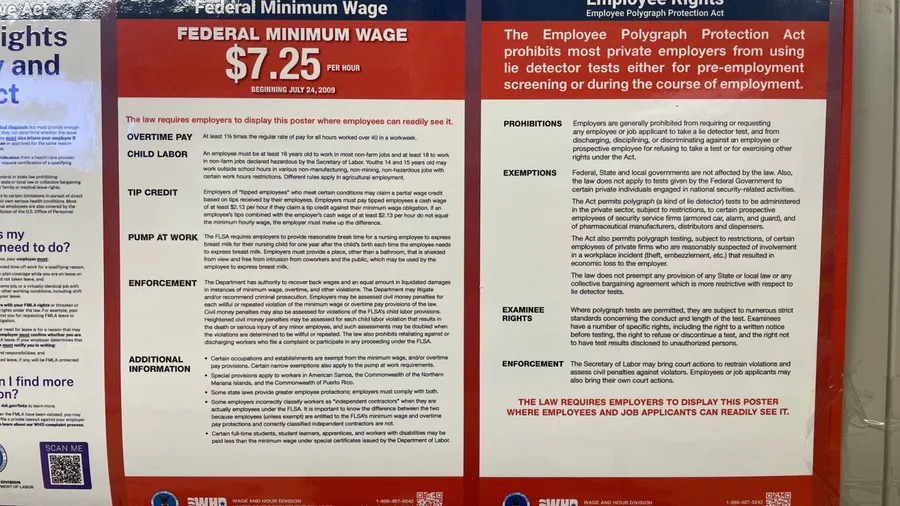 Columbia County, Ga USA - 02 08 25: Grocery store break room federal posters min wage