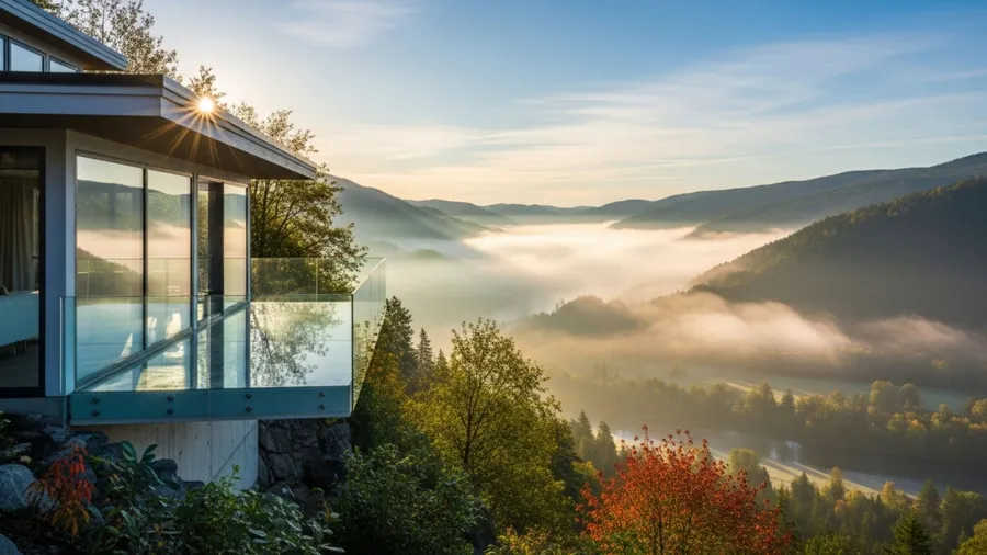 A modern house with large windows overlooks a valley filled with fog at sunrise. The sun shines over the mountains, creating a beautiful and peaceful scene.