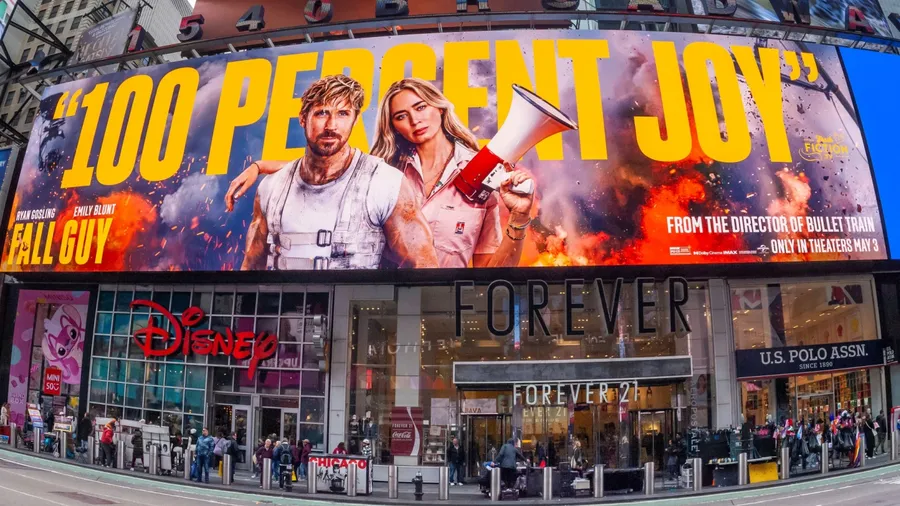 New York NY USA-April 21, 2024 Advertising for the Universal Pictures Fall Guy film in Times Square in New York
