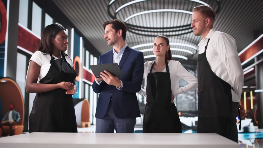 Manager Strategizing With Diverse Team Over Coffee In Trendy Restaurant Concierge Connecting With Hotel Staff On Tablet