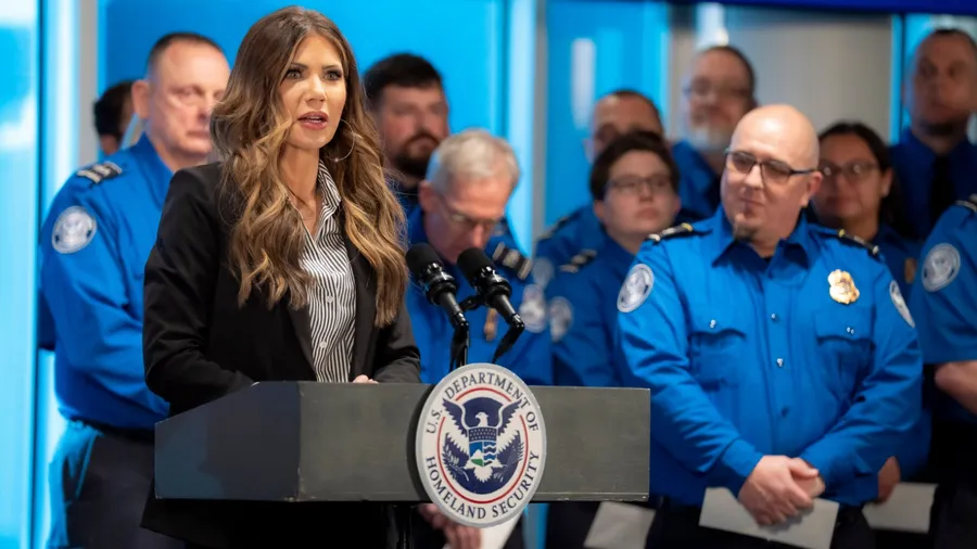 Minneapolis, Minnesota, Nov. 23, 2025. Secretary of Homeland Security Kristi Noem speaks during a press conference and hands out bonus checks to Transportation Security Officers TSA at Minneapolis-St. Paul International Airport