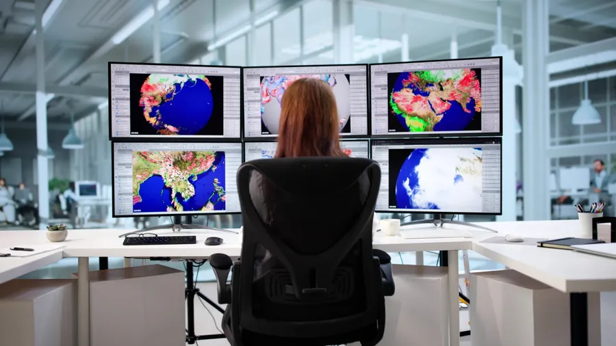 Climate Scientist Using Weather Map Studying Forecast Change Amid Warming Research.