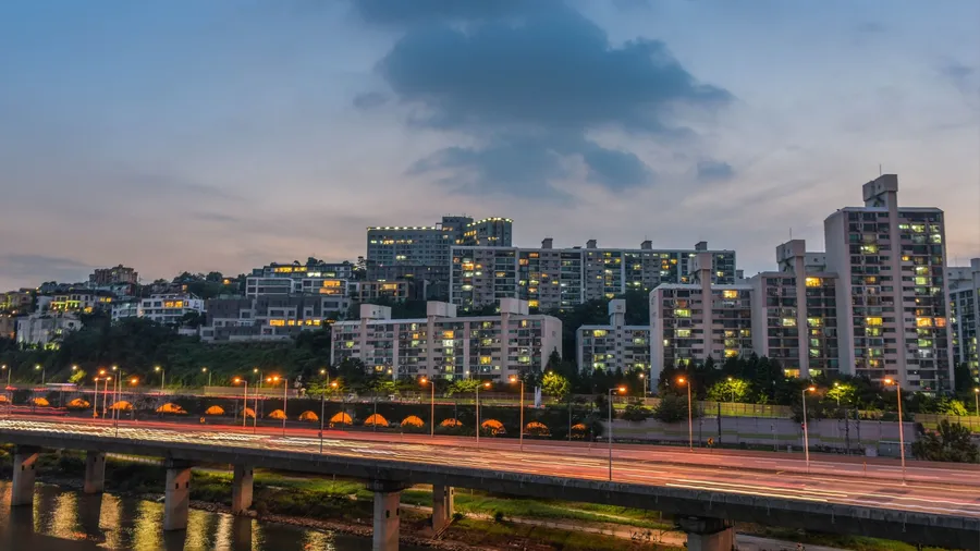 seoul, south korea, august, 3,2017 : seoul, night view of seoul town skyline by long exposure, hannamdong town on the dongho bridge, hangang, landscape of old house and apartment in