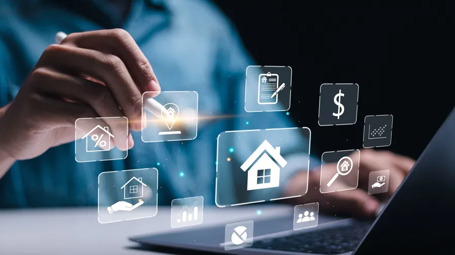 Real estate investment concept. Man use laptop with house icon for analyzing mortgage loan home and insurance real property mortgage. interest rate, Investment planning, business real estate.