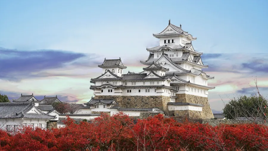 Red maple leaves in autumn and Himeji Castle with evening sky in Himeji city Hyogo Prefecture of Japan.