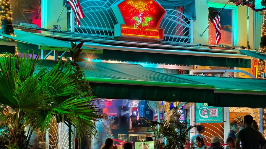 Miami Beach, Florida - July 8, 2024: Mango's Tropical Cafe South Beach at night.
