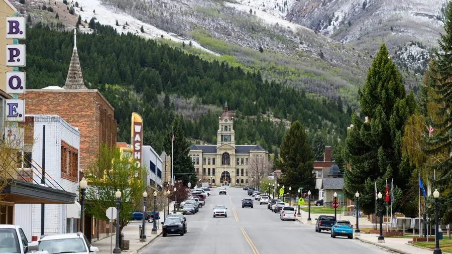 Anaconda, MT, USA - May 6, 2025; Cityscape view along Main Street to Anaconda Deer Lodge County Court House