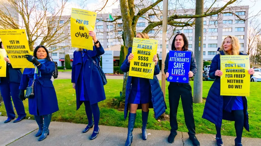 SeaTac, Washington State, USA - February 13, 2024 - Picketing Flight Attendants on the Sidewalk During A Flight Attendant Union Day of Action to Informationally Picket About Low Wages
