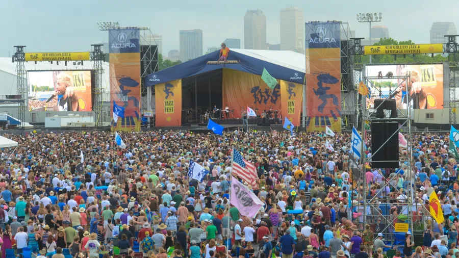 New Orleans, Louisiana - April 29, 2017: A large crowd watched Maroon 5 at the 2017 New Orleans Jazz and Heritage Festival
