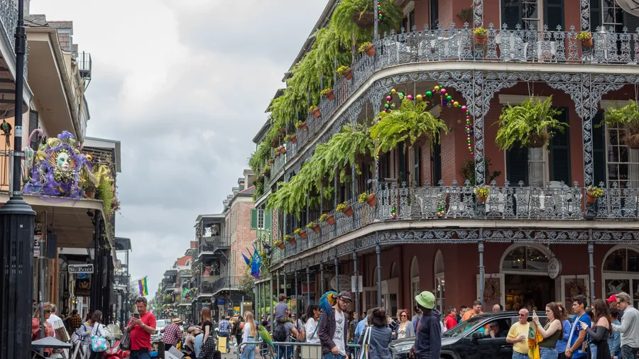 New Orleans, Louisiana - March 12, 2019: Traditional style French Quarter street located in New Orleans, Louisiana. Photo taken on a cloudy day