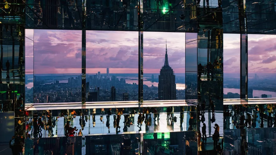 SUMMIT One Vanderbilt, super wide view panorama interior, Sunrise, View to Downtown Manhattan and empire state building, 45 E 42nd St, New York, NY 10017, United States of America. 9.29.2021