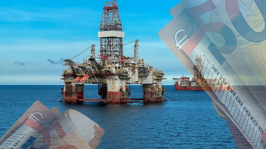 Offshore oil and gas drilling platform, semi-submersible oil rig, offshore extraction platform, Euro banknotes overlaid. Global energy market instability 2026, energy crisis, price