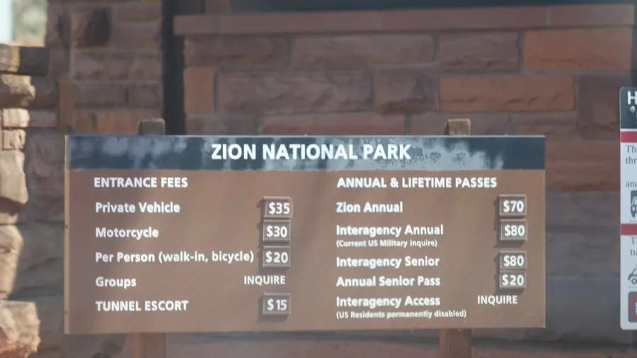 San Diego, California, United States - August 12th, 2025: zion national park entrance and parking fees sign