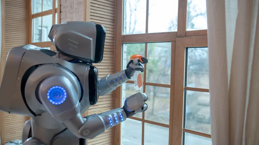Doing housework. Big robot standing in the kitchen cleaning the window