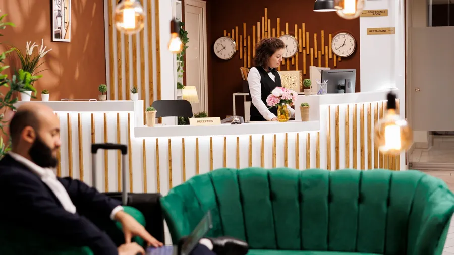 Receptionist works at hotel front desk, looking at room registrations on computer to provide luxury concierge services for future travellers. Woman in formalwear checking online bookings list.