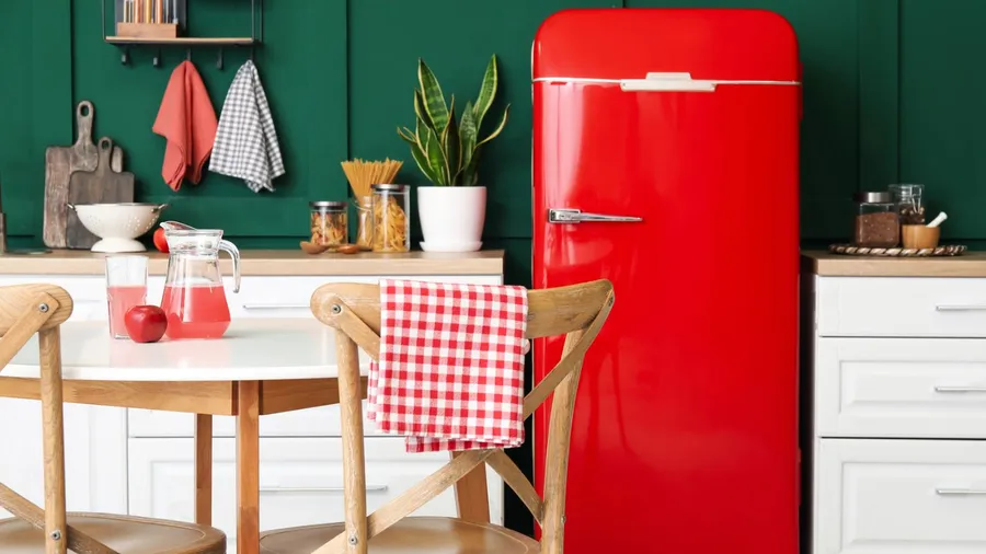 A bright red refrigerator beside a wooden table set with drinks and red-checkered towels.