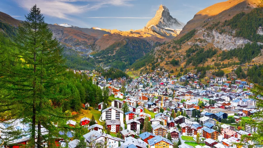 Zermatt, Switzerland with town under the Matterhorn in the morning.