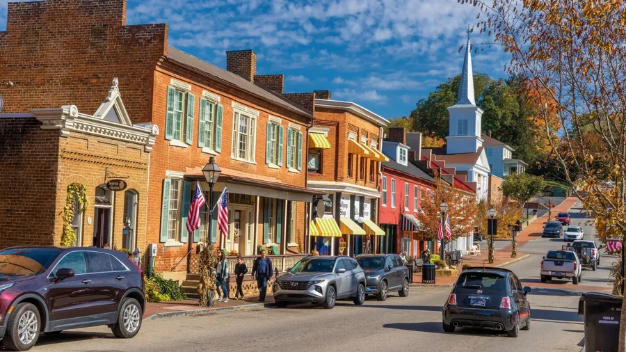Jonesborough, Tennessee, USA - October 25, 2024: Autumn colors and decor welcome tourists visiting this historical town.
