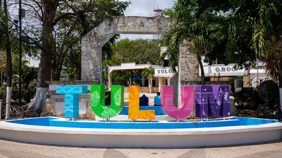Tulum, Mexico. May 25, 2021. Multi colored Tulum text sign in the city on a bright sunny day