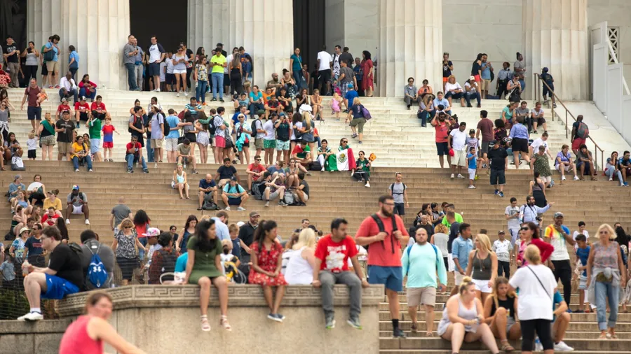 WASHINGTON, DISTRICT OF COLUMBIA - JUNE 23, 2018: Washington DC Tourists at Lincoln Memorial Steps USA