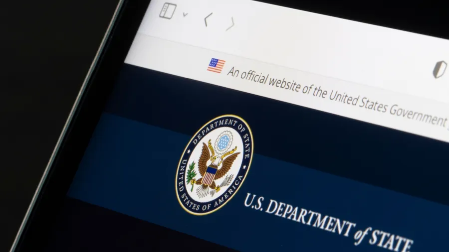 Sunnyvale, CA, USA - May 4, 2022: Homepage of the U.S. Department of State (DOS), an executive department of the federal government responsible for foreign policy and relations, is seen on a computer.