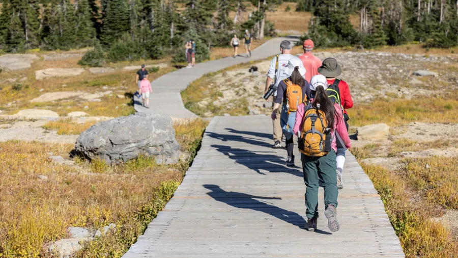 Glacier National Park, Montana USA - September 26 2022: Hikers on the popular trail for Hidden Lake on top of Logan Pass