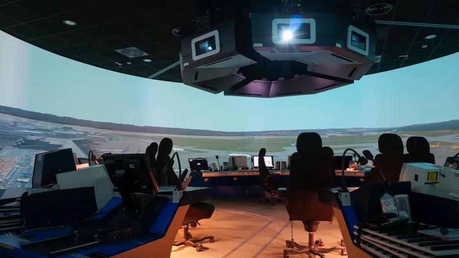 Toulouse, France - Dec. 2, 2023 - High-tech simulator reconstituting an air-traffic control tower room, for the training of controllers, at the French National School of Civil Aviation (ENAC)