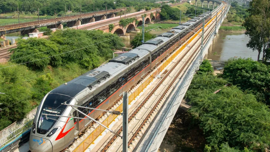 Ghaziabad, Uttar Pradesh, India-Oct 18 2023: India First high speed Train from the Regional Rapid Transit System running on Elevated track at Sahibabad. regional transport service, Delhi Meerut RRTS