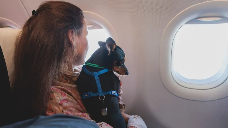 Dog in the aircraft cabin near the window during the flight, concept of travelling and moving with pets, small black dog sitting in the pet carrier bag, travel or relocation with dog by airplane