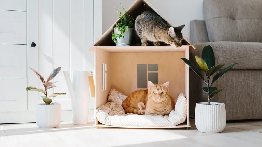 Cats sitting in a comfortable wooden pet house with plants near it.