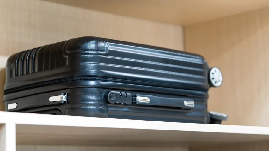 A black suitcase on a wooden shelf.
