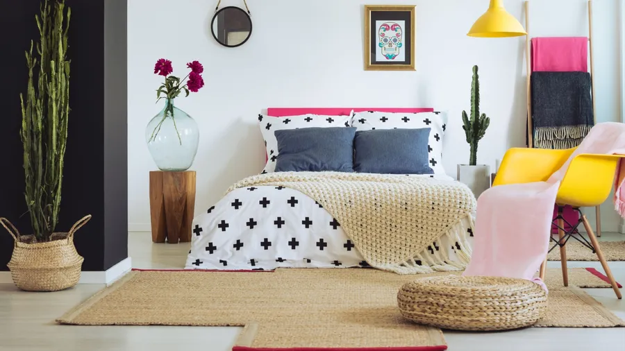 A modern bedroom with a mix of colorful and natural decor elements, including a bed with patterned bedding, plants, a yellow lamp, and a woven rug.