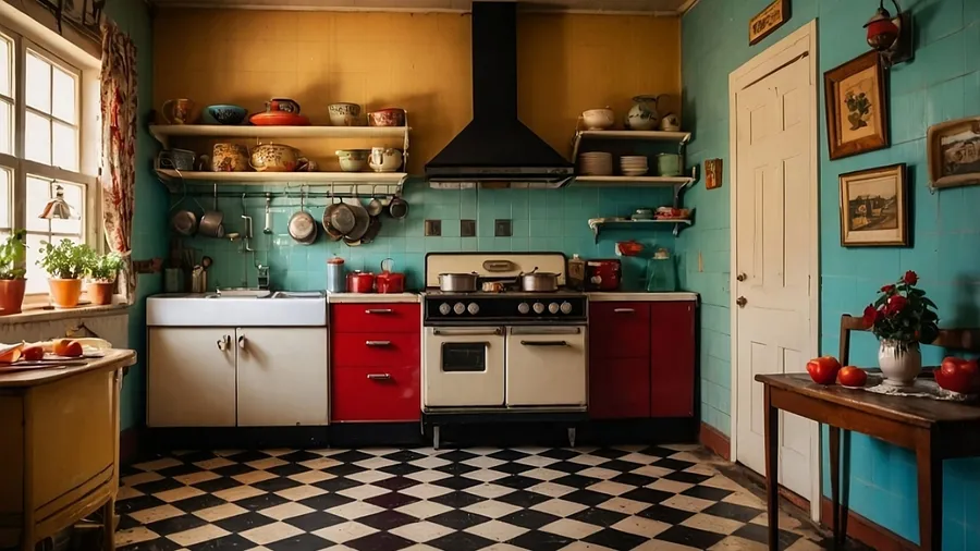 A vintage kitchen with checkered flooring, red and white cabinets, a classic stove, and shelves with kitchenware.