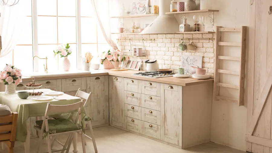 Cozy vintage-style kitchen with whitewashed cabinets, green-accented dining table, and decorative items like flowers and jars.